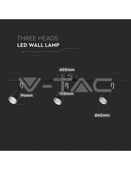 3 x 4.5W Lampa LED Perete Cald Alb Neagra 3000K